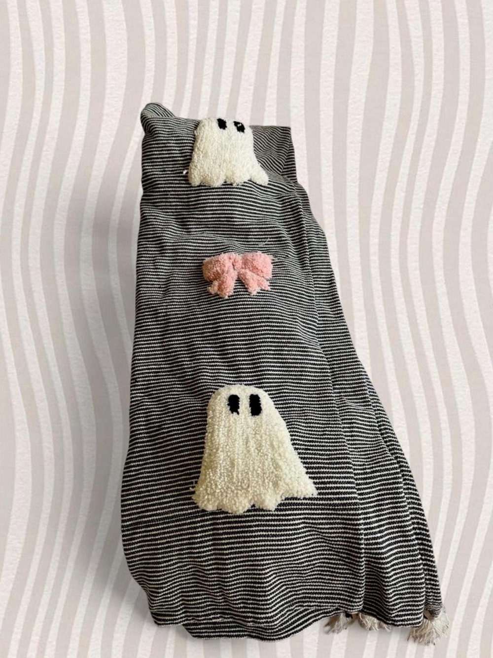 Rachel Zoe Black & White Striped Throw with Pink Bows and White Ghost Appliqués